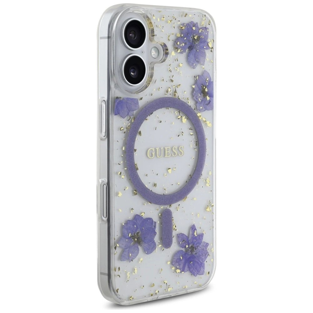iPhone 16 – Guess Resin Flowers Glitter MagSafe dėklas - Violetinis 3