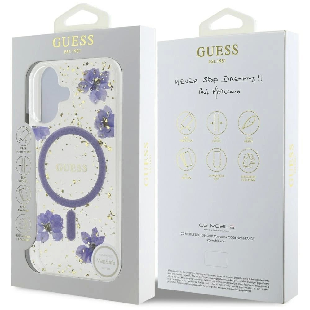 iPhone 16 – Guess Resin Flowers Glitter MagSafe dėklas - Violetinis 7