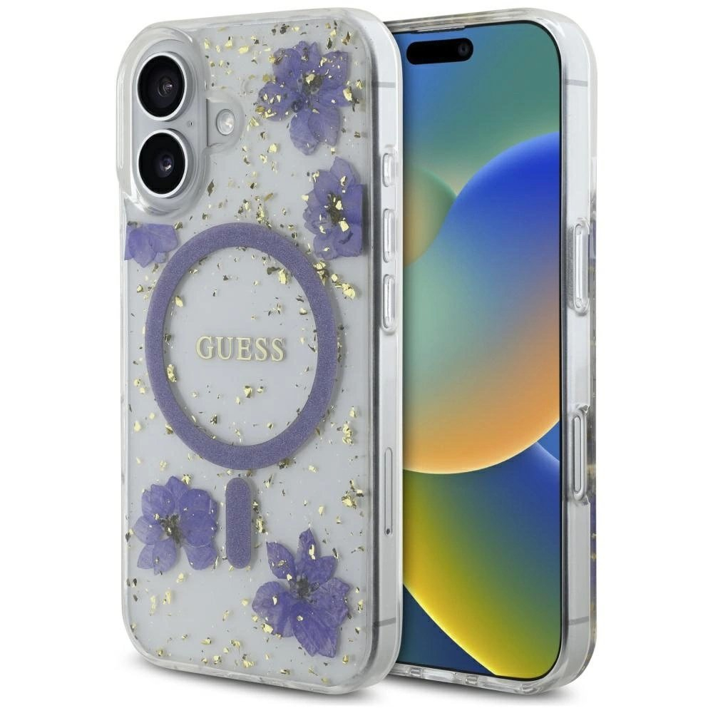 iPhone 16 – Guess Resin Flowers Glitter MagSafe dėklas - Violetinis iPhone 16 – Guess Resin Flowers Glitter MagSafe dėklas - Violetinis