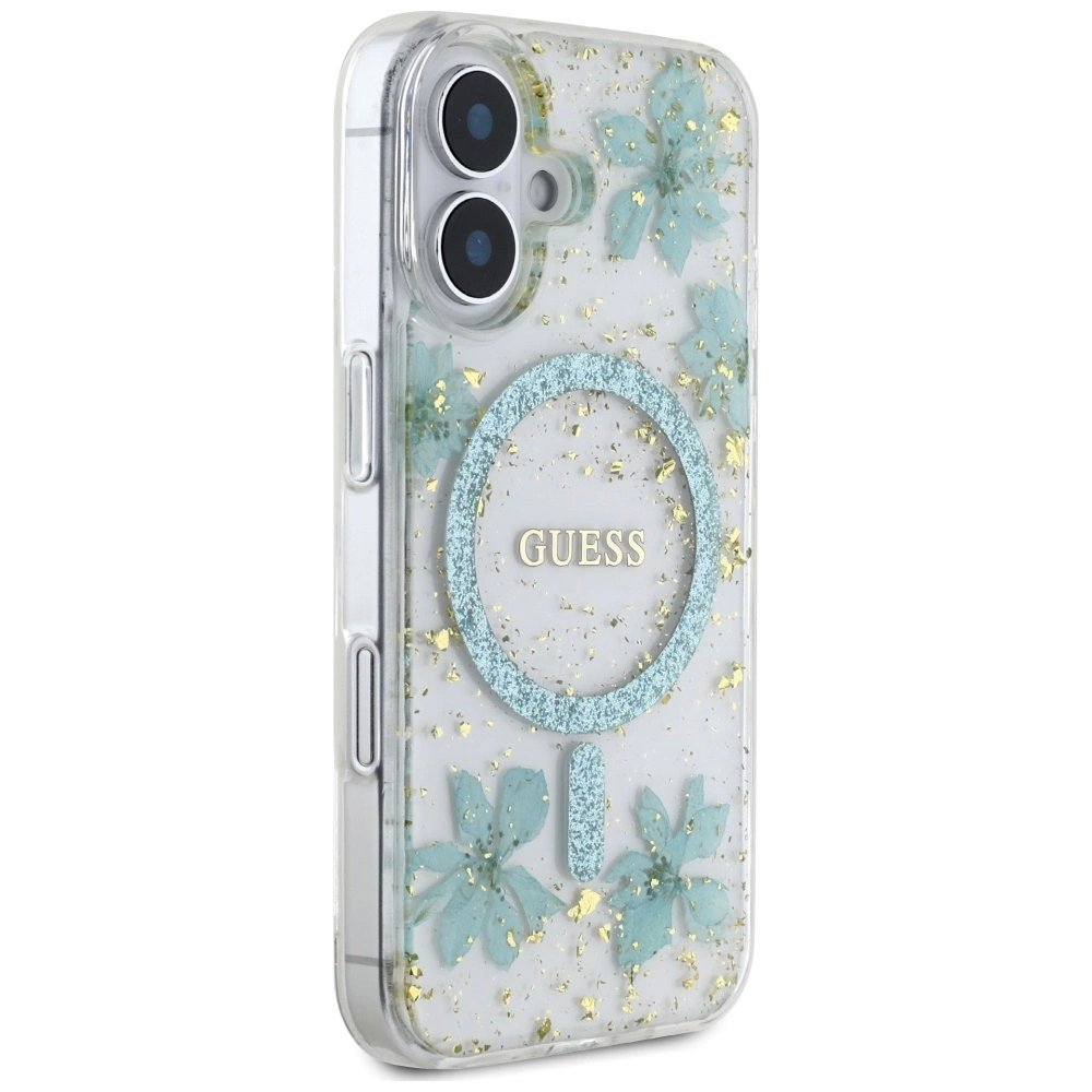 iPhone 16 – Guess Resin Flowers Glitter MagSafe dėklas - Skaidriai žalias 3