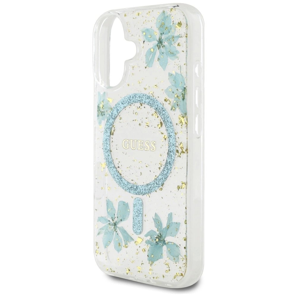 iPhone 16 – Guess Resin Flowers Glitter MagSafe dėklas - Skaidriai žalias 5