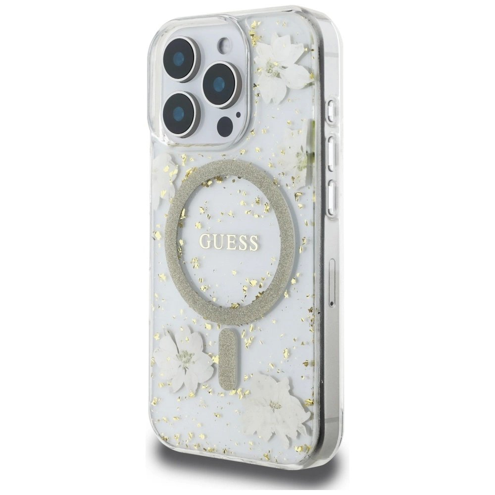 iPhone 16 Pro Guess Resin Flowers Glitter MagSafe dėklas – smėlinis 1 iPhone 16 Pro Guess Resin Flowers Glitter MagSafe dėklas – smėlinis 1