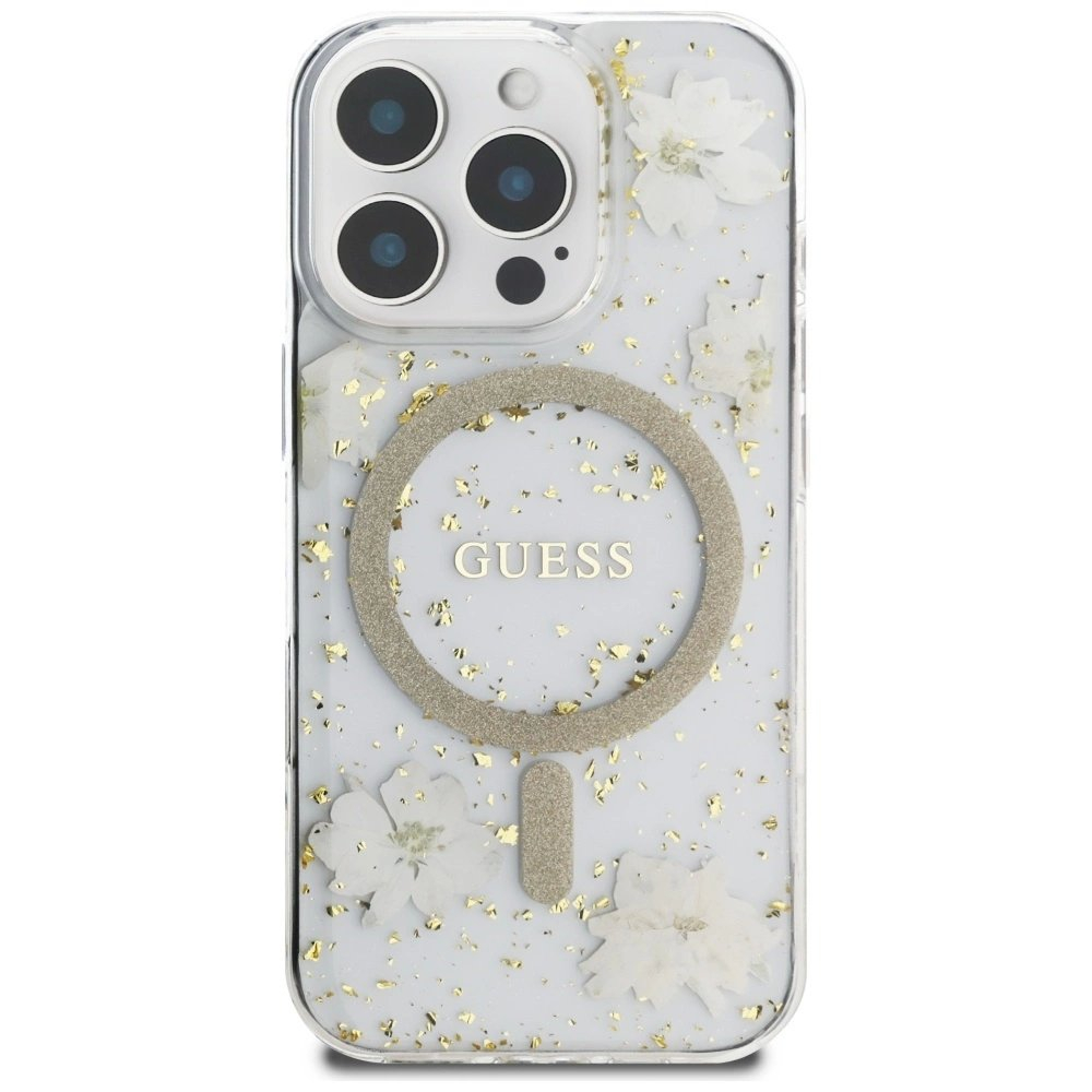 iPhone 16 Pro Guess Resin Flowers Glitter MagSafe dėklas – smėlinis 2 iPhone 16 Pro Guess Resin Flowers Glitter MagSafe dėklas – smėlinis 2