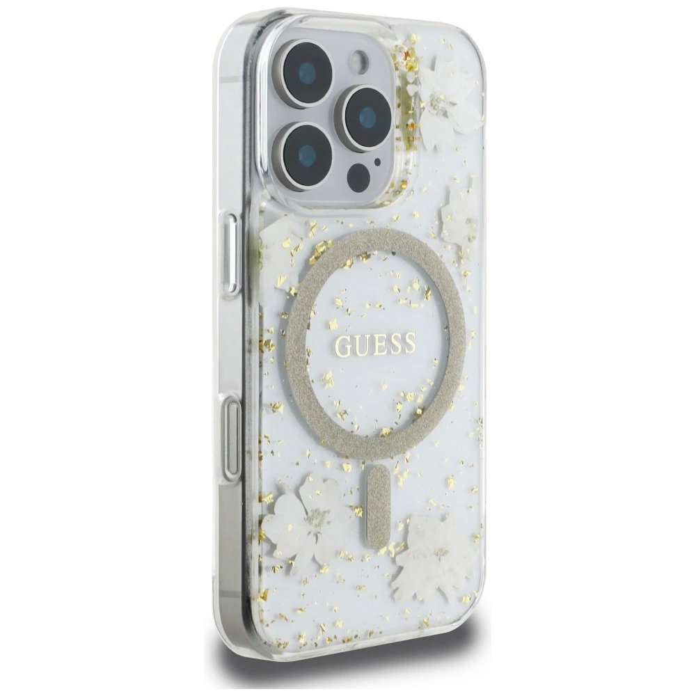iPhone 16 Pro Guess Resin Flowers Glitter MagSafe dėklas – smėlinis 3