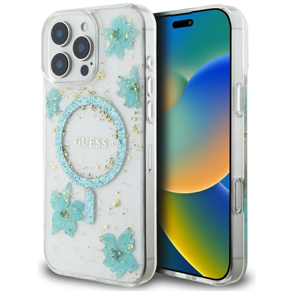 iPhone 16 Pro Max – Guess Resin Flowers Glitter MagSafe dėklas - Skaidriai žalias