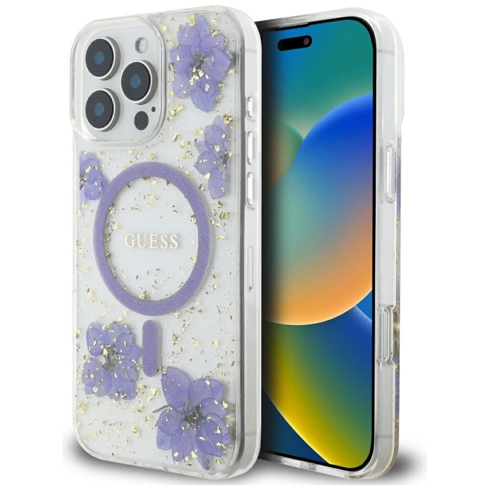iPhone 16 Pro – Guess Resin Flowers MagSafe dėklas - Violetinis iPhone 16 Pro – Guess Resin Flowers MagSafe dėklas - Violetinis