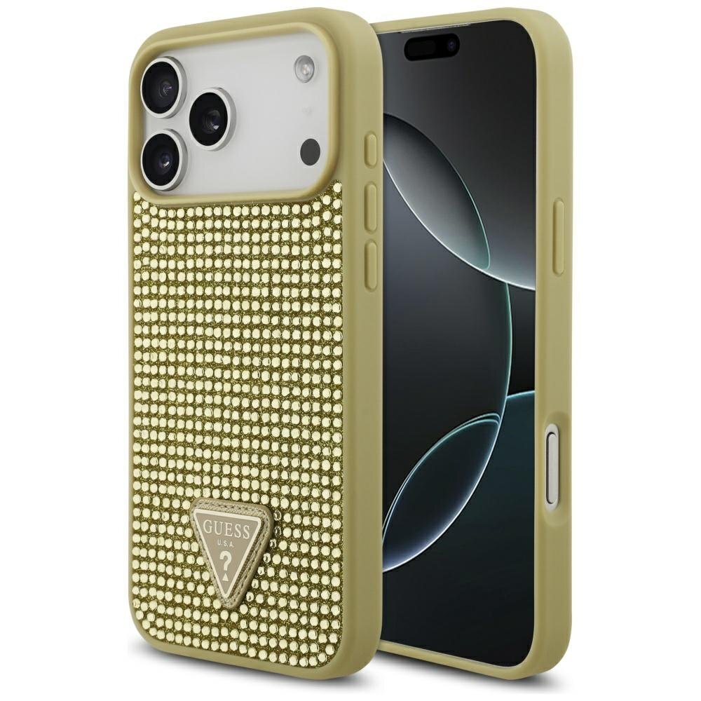 iPhone 17 Pro Max dėklas Guess Rhinestone Triangle Logo – auksinis iPhone 17 Pro Max dėklas Guess Rhinestone Triangle Logo – auksinis