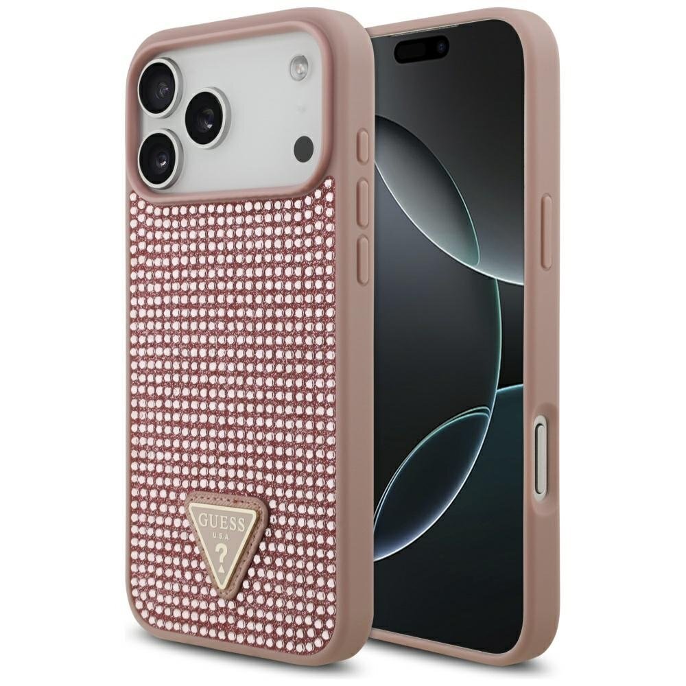 iPhone 17 Pro Max dėklas Guess Rhinestone Triangle Logo – rožinis iPhone 17 Pro Max dėklas Guess Rhinestone Triangle Logo – rožinis