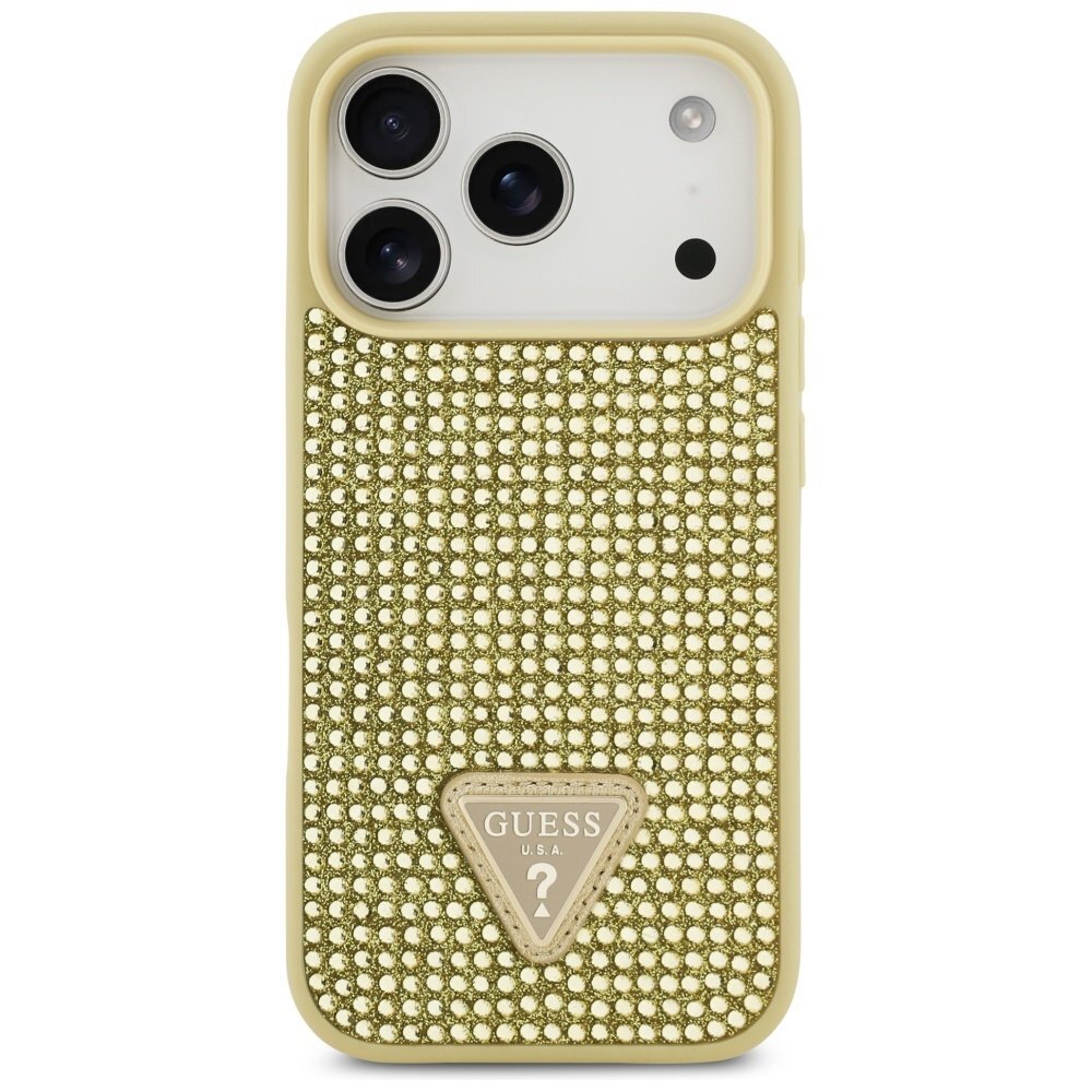 Akcija! *** pažeista pkuotė *** iPhone 17 Pro dėklas Guess Rhinestone Triangle Logo – auksinis  2