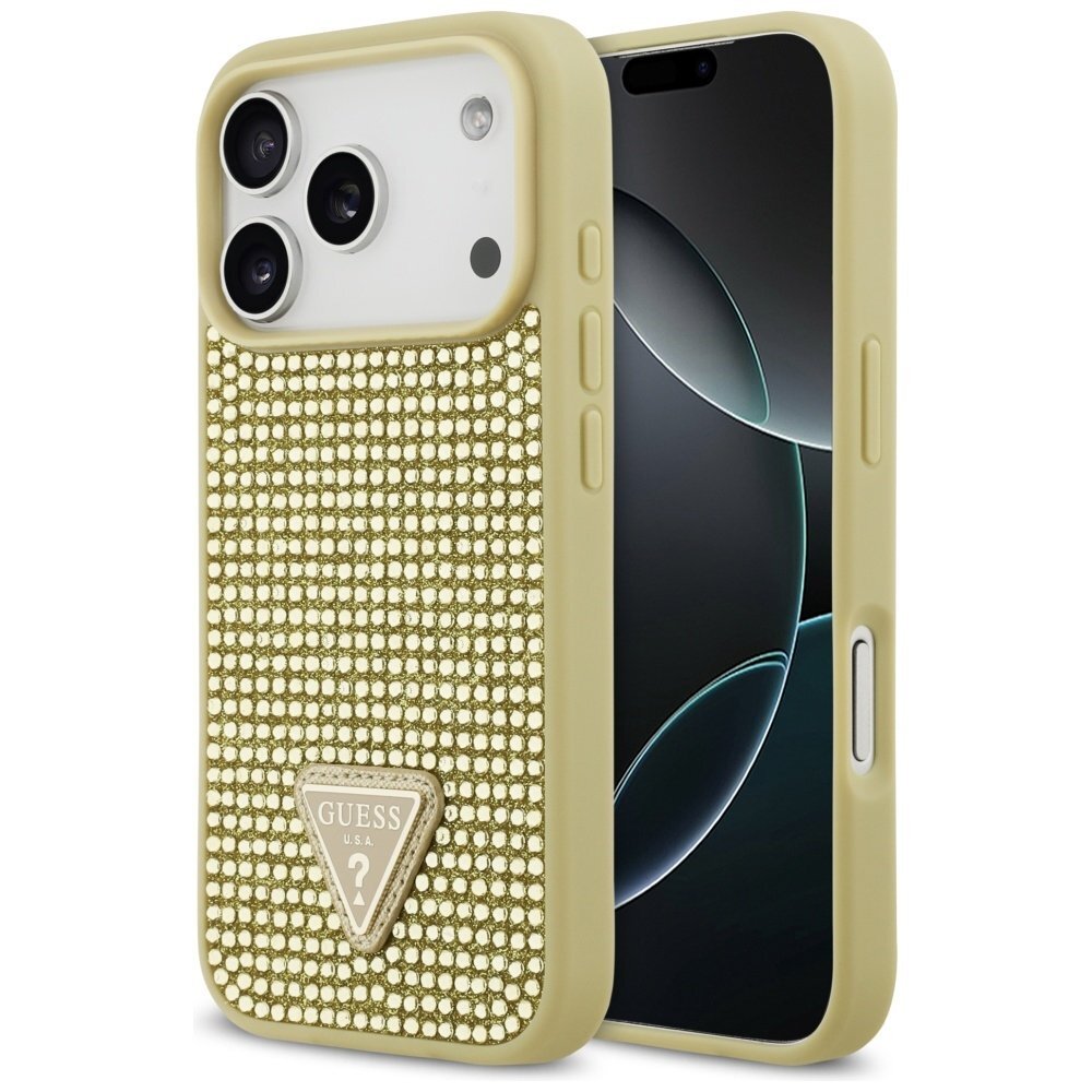 iPhone 17 Pro dėklas Guess Rhinestone Triangle Logo – auksinis iPhone 17 Pro dėklas Guess Rhinestone Triangle Logo – auksinis