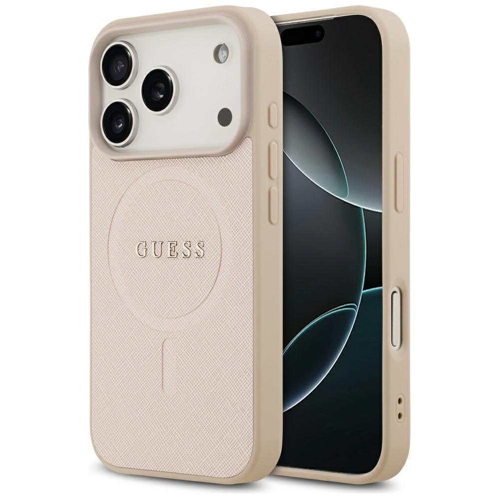 iPhone 17 Pro dėklas Guess Saffiano Classic Logo su MagSafe – rožinis iPhone 17 Pro dėklas Guess Saffiano Classic Logo su MagSafe – rožinis