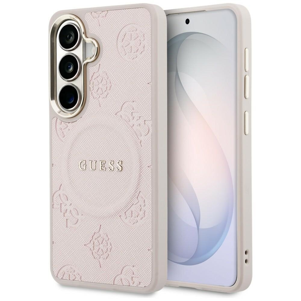 Samsung Galaxy S26 Guess Saffiano Peony Embossed Ring MagSafe dėklas – rožinis