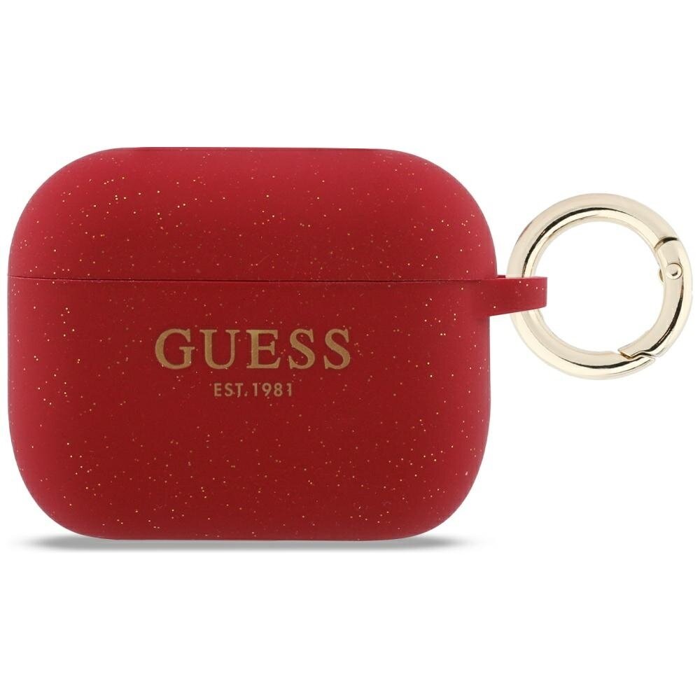 AirPods Pro 3 Guess Silicone Glitter Ring dėklas – raudonas su blizgučiais