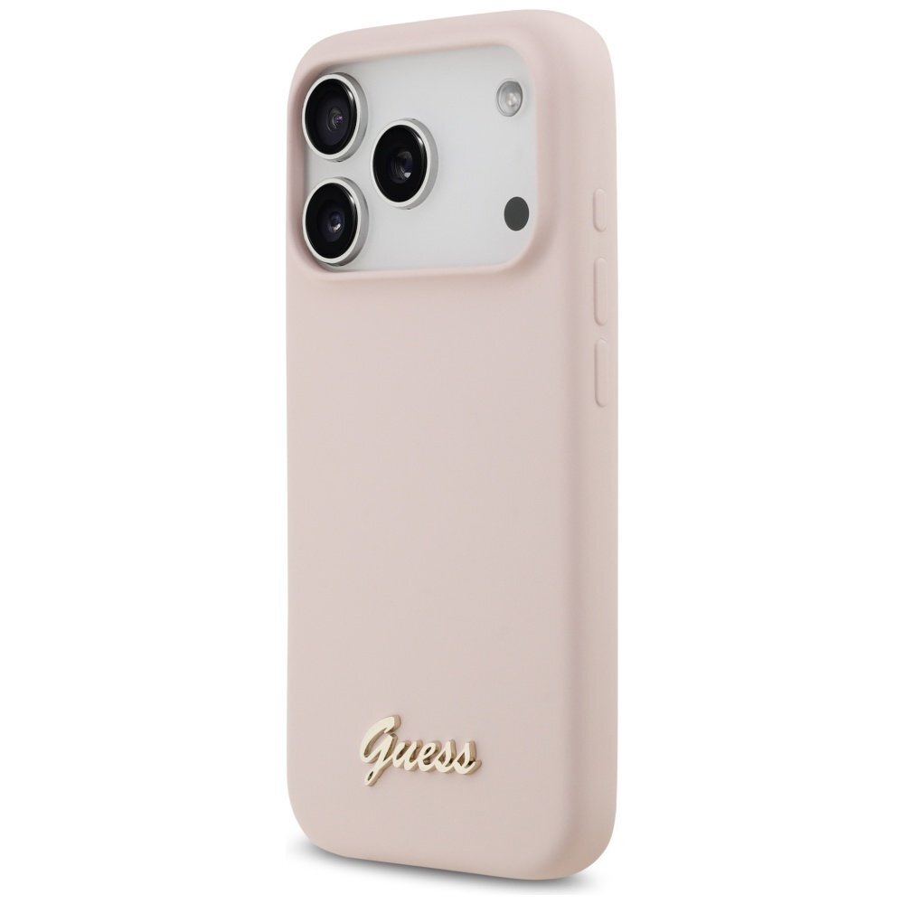 iPhone 17 Pro dėklas Guess Silicone Script Metal Logo, MagSafe – rožinis 1