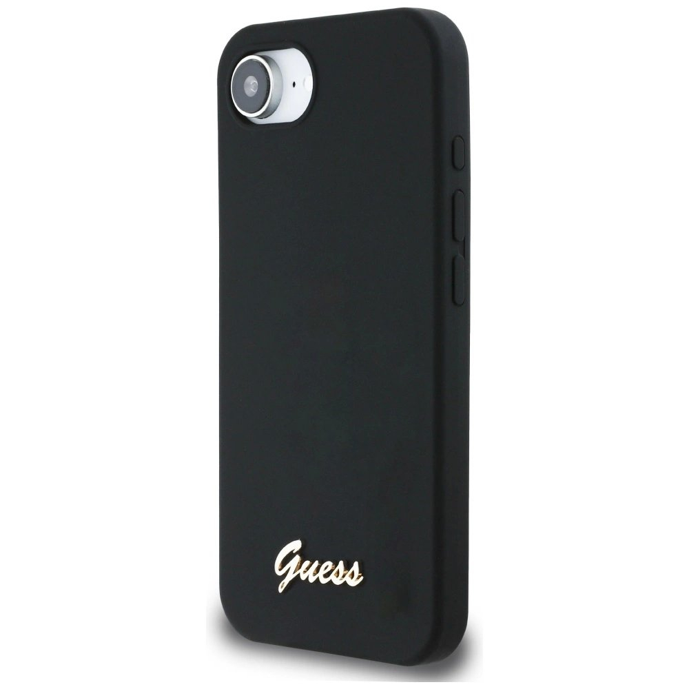 Guess Silikoninis Script Metal Logo MagSafe iPhone 16e Dėklas - Juodas 1