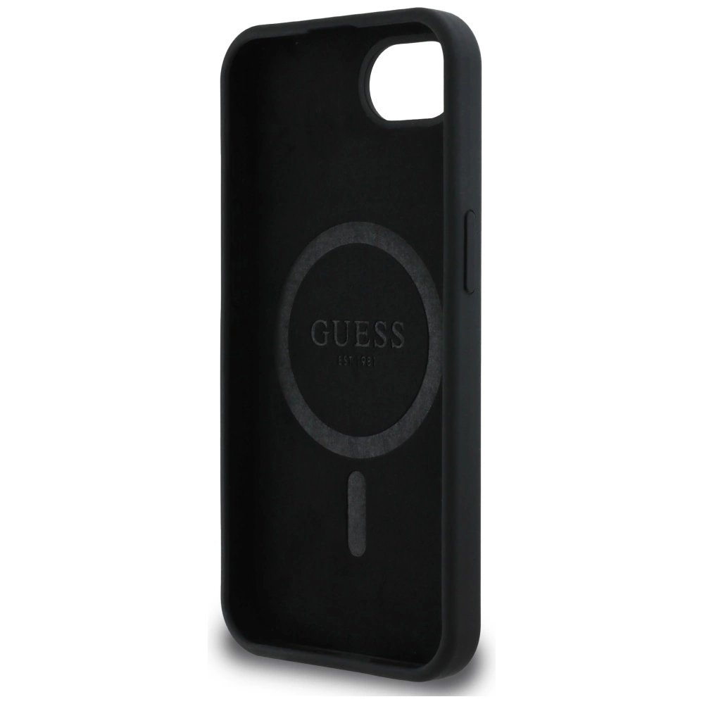 Guess Silikoninis Script Metal Logo MagSafe iPhone 16e Dėklas - Juodas 6