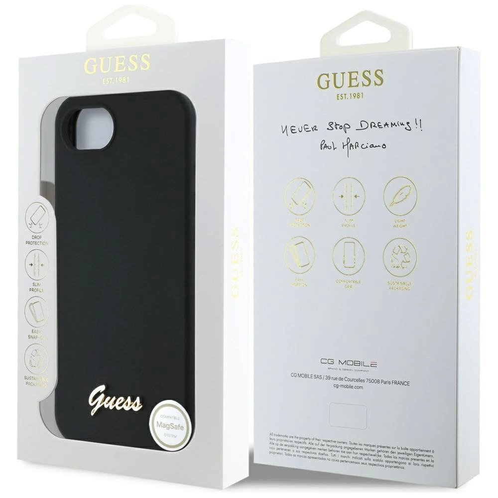 Guess Silikoninis Script Metal Logo MagSafe iPhone 16e Dėklas - Juodas 7 Guess Silikoninis Script Metal Logo MagSafe iPhone 16e Dėklas - Juodas 7