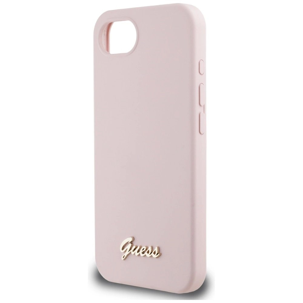 Guess Silikoninis Script Metal Logo MagSafe iPhone 16e Dėklas - Rožinis 5