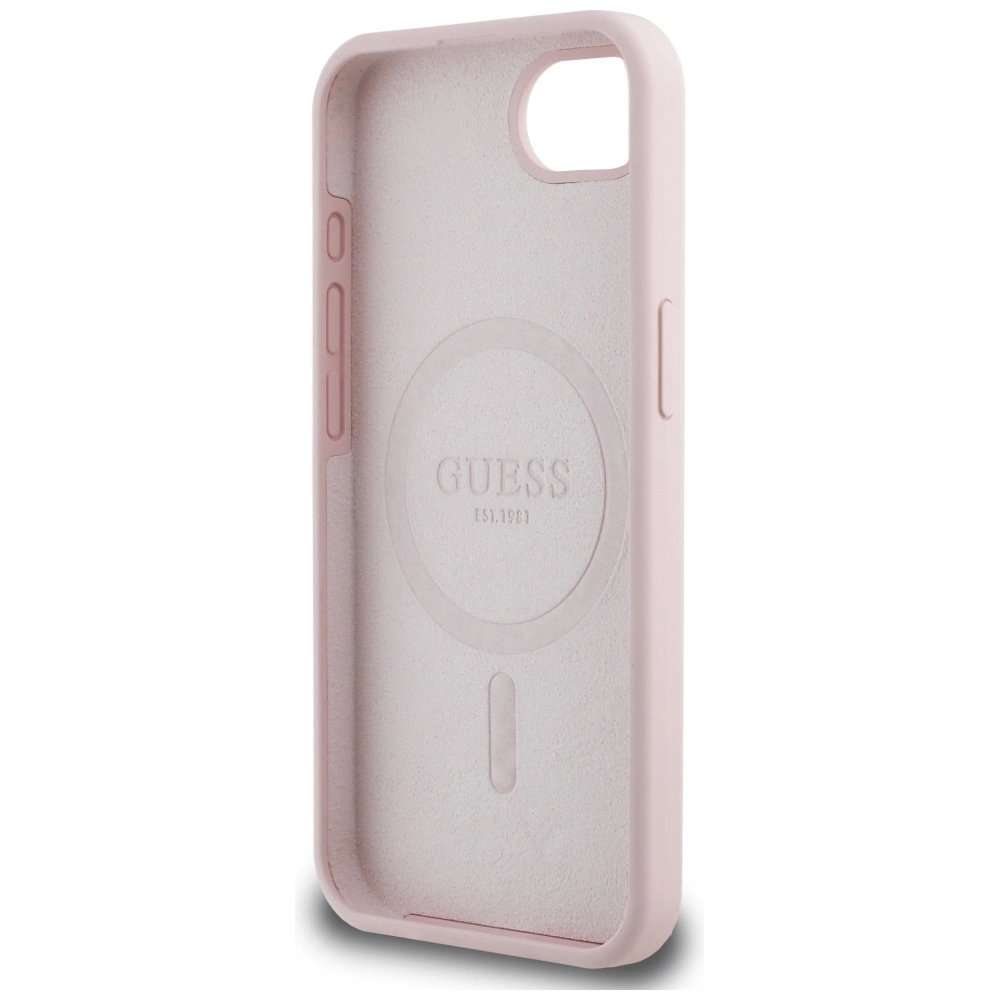 Guess Silikoninis Script Metal Logo MagSafe iPhone 16e Dėklas - Rožinis 6