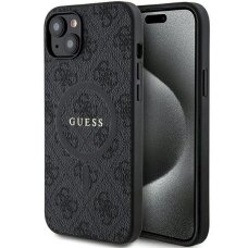 iPhone 14/15/13 dėklas Guess 4G Collection iš odos su metaliniu logotipu ir MagSafe – juodas