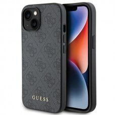 Dėklas Guess 4G Metal Auksinis Logo   iPhone 15 - Pilkas