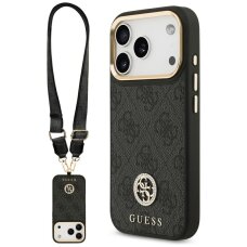 iPhone 17 Pro Guess 4G Strass Logo & Big Strap Metal Buttons MagSafe dėklas – juodas