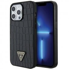 Originalus dėklas Guess Croco Triangle Metal Logo case skirta iPhone 15 Pro Max - Juodas