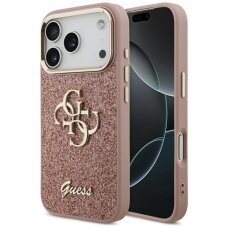 iPhone 17 Pro Guess Fixed Glitter Big 4G Metal Frame dėklas – rožinis