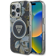 Guess Glitter Flowers Triangle Buttons MagSafe Dėklas skirtas iPhone 16 Pro Max Juodas