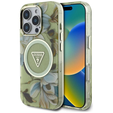 Guess Glitter Flowers Triangle Buttons MagSafe Dėklas skirtas iPhone 16 Pro Max Žalias