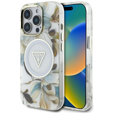 Guess Glitter Flowers Triangle Buttons MagSafe Dėklas skirtas iPhone 16 Pro Max Baltas