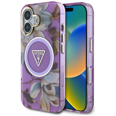 Guess Glitter Flowers Triangle Buttons MagSafe Dėklas skirtas iPhone 16 Violetinis
