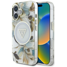 Guess Glitter Flowers Triangle Buttons MagSafe Dėklas skirtas iPhone 16 Baltas