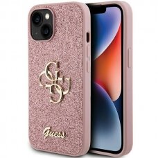 Dėklas Guess Glitter Script Big 4G   iPhone 15 - Rožinis