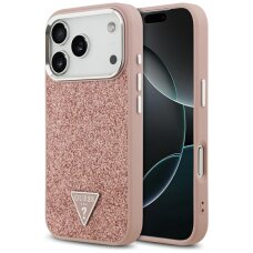 iPhone 17 Pro Guess Glitter Triangle Logo MagSafe dėklas – rožinis