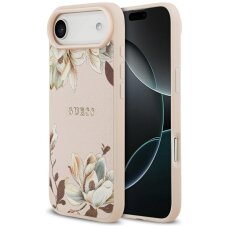 iPhone Air Guess Grained Flowers Classic Logo dėklas su MagSafe – rožinis