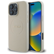 iPhone 16 Pro Max Guess Grained Gold Ring MagSafe dėklas - smėlio