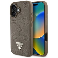 iPhone 16 Guess Grained Hot Stamp Peony Triangle Logo MagSafe dėklas - rudas