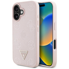 iPhone 16 Guess Grained Hot Stamp Peony Triangle Logo MagSafe dėklas - rožinis