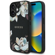 Guess Grained Printed Flower Pattern MagSafe Dėklas skirtas iPhone 16 Juodas