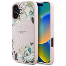 Guess Grained Printed Flower Pattern MagSafe iPhone 16 Dėklas Rožinis