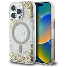 iPhone 16 Pro dėklas Guess HC Resin Bottom Glitter, MagSafe – auksinis