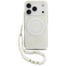 iPhone 17 Pro Guess IML Flowers Electro Pearl Strap MagSafe dėklas – baltas