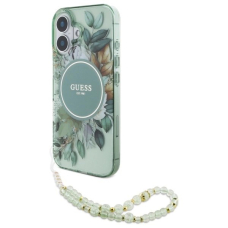iPhone 16 Plus – Guess IML Flowers With Pearl Strap MagSafe dėklas - Žalias