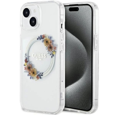 iPhone 15 / 14 / 13 Guess IML Flowers Wreatch MagSafe dėklas - permatomas