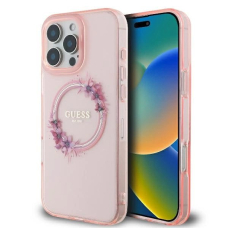 iPhone 16 Pro – Guess IML Flowers Wreath MagSafe dėklas - Rožinis