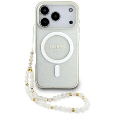 iPhone 17 Pro Max Guess IML Glitter Pearl Strap MagSafe dėklas – skaidrus