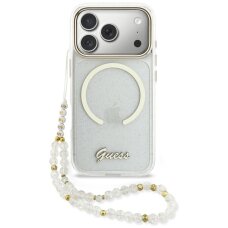 iPhone 17 Pro Guess IML Glitters Script Strap MagSafe dėklas – skaidrus