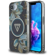 iPhone 16e – Guess IML Metal Glitter Flowers Triangle MagSafe dėklas - Juodas