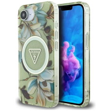 iPhone 16e – Guess IML Metal Glitter Flowers Triangle MagSafe dėklas - Žalias